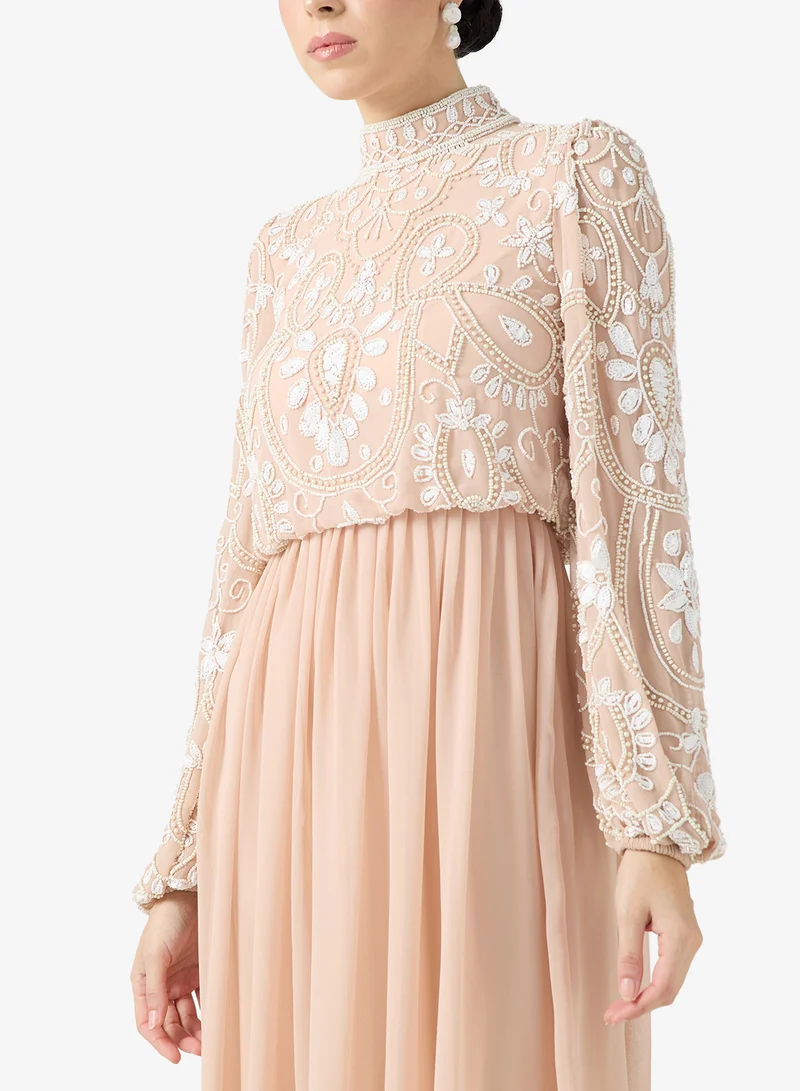 Amelia Rose Embellished Puff Sleeve Midi Dress